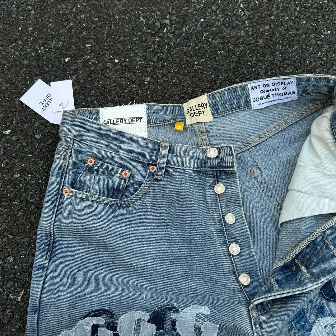 -Size upper body P286#G77 GALLERY DEPT.G letter patch pudding 5001 denim washed and distressed spliced jeans -Original purchase and pattern making to truly restore the ultimate vintage texture -Original hardware accessories, washed and other elevators, QR code analysis are all purchased from the original factory, high degree of restoration, you are welcome to compare with a certain product~ -Three-dimensional version Loose and comfortable, not picky about the figure, taller and slimmer, factory Seiko, original factory quality control, same style for men and women, can be matched with couples Versatile recommendation: must-have jeans for all seasons Color: blue Size: S-XXL (28-36)